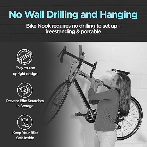 Miniatura 9 de Bike Nook Pro para estantes, guardabarros y guardabarros. Soporte de bicicleta, estante portátil y estacionario que ahorra espacio con altura