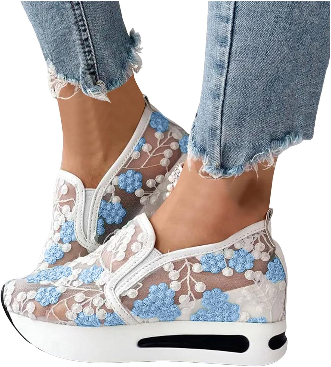 Women's Floral Embroidery Mesh Sneakers Breathable Slip On Wedges Walking Shoes Fashion Sequin Lace Platform Sneakers Hidden Wedge High Top Comfort Work Outdoor Travel Sports Shoes - Image 2