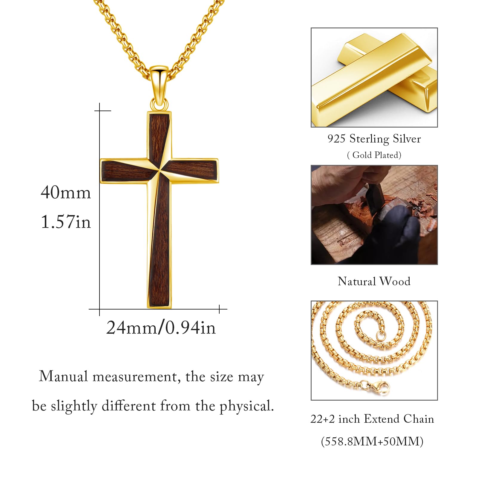 REDSUN Collana in argento Sterling S925 con ciondolo a forma di croce in ebano, amuleto protettivo, gioiello per uomini e donne, catena in acciaio inox da 56 cm + 5 cm, 40*24mm, Argento sterling