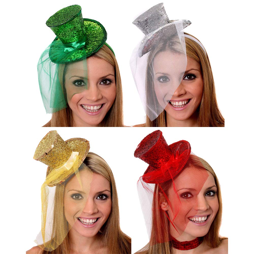 LADIES CHRISTMAS TOP HATS FANCY DRESS COSTUME ACCESSORY HATS RED SILVER GREEN GOLD XMAS FASCINATORS ON HEADBAND
