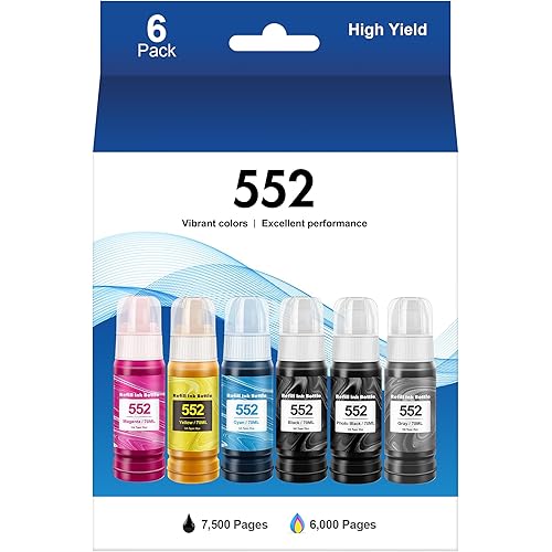 552 Pigment Ink Refill Ink Bottle for Epson 552 Ink Used for EcoTank Photo ET-8500, ET-8550 Printer (1 Photo Black, 1 Black, 1 Cyan, 1 Magenta, 1 Yellow, 1 Grey, 6-Pack)