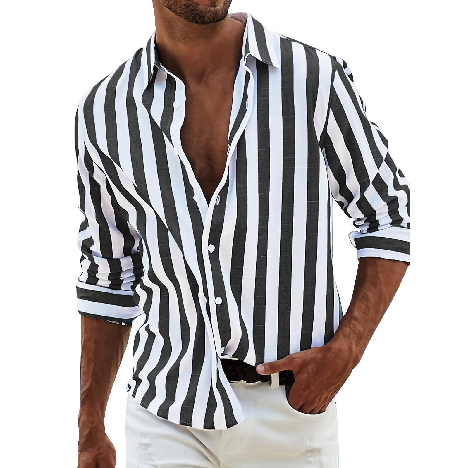 PODOLIXIA Camisa de lino para hombre, camisa de manga larga de verano, camisa de manga larga a rayas, camisa de lino de corte regular, camisa de playa con botones