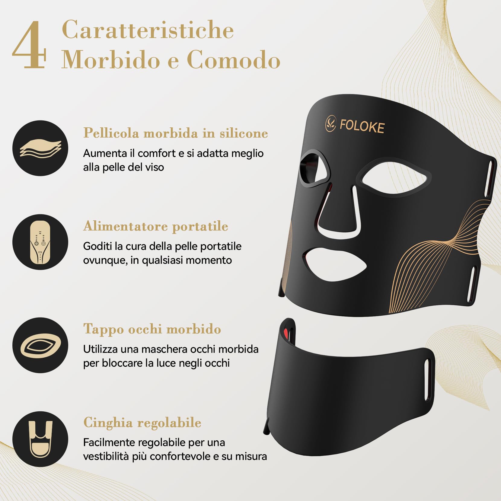 FOLOKE Maschera di Terapia con Luce LED per la Cura della Pelle, Maschera LED per Vista e Collo, Rosso - Lunghezza d’onda per Uso domestico, – Cura della pelle avanzata resa semplice | Design ergonomico e confortevole, ideale per casa, viaggi e uso quotid