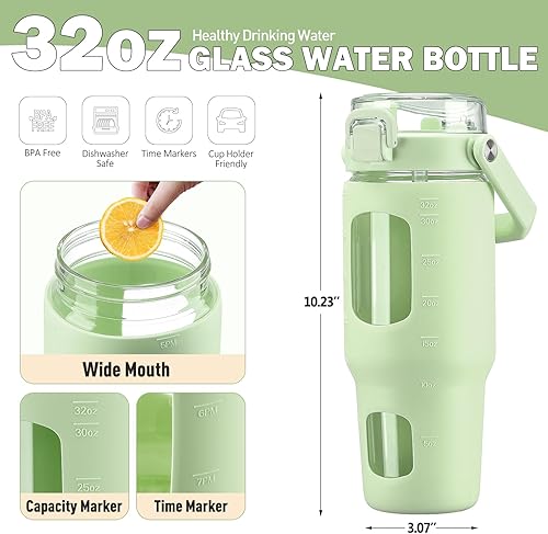 Miniatura 3 de BLUEGO Botella de agua de vidrio de 32 onzas con popote y tapa, botella de agua potable de vidrio con asa, taza de café helado con marcador de