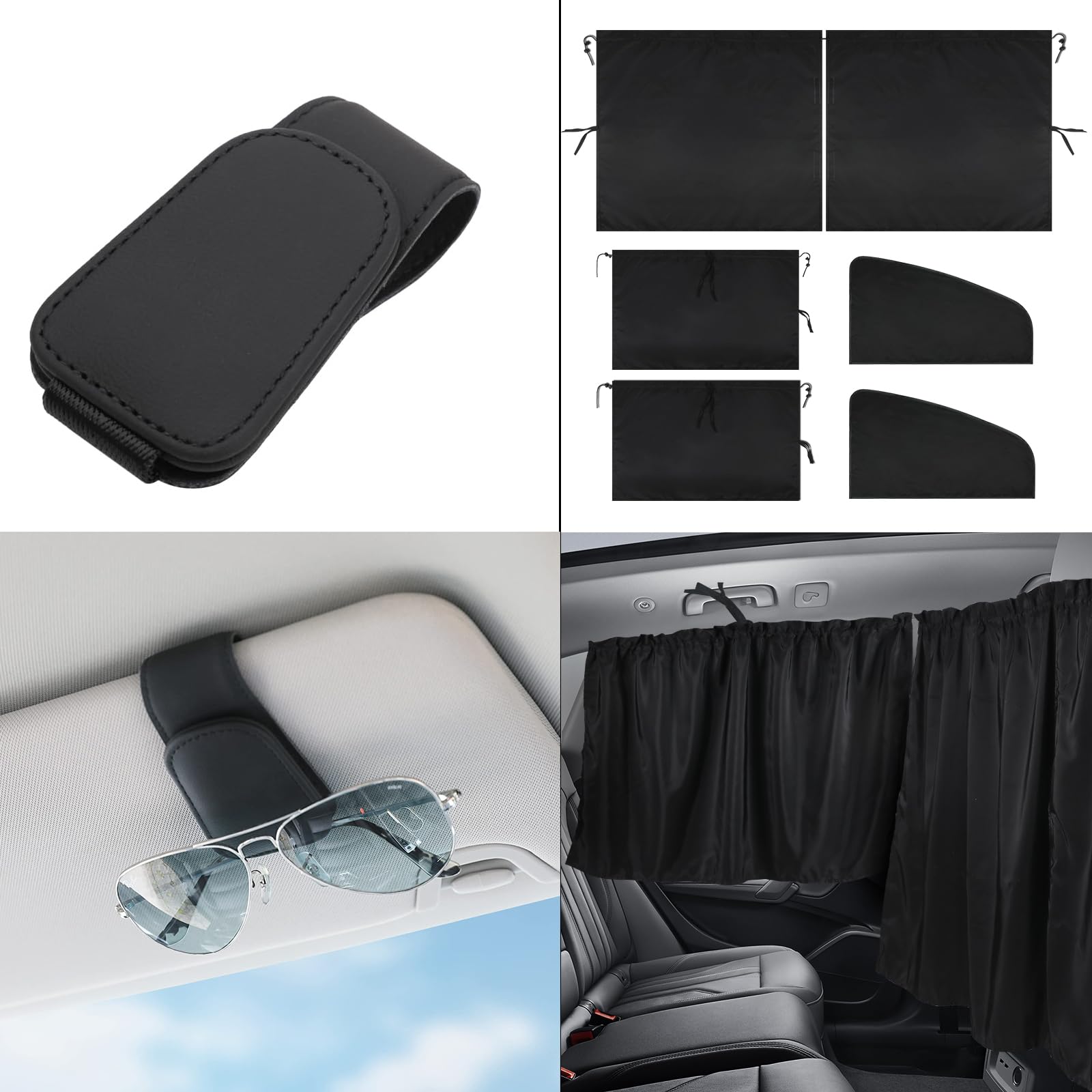 KanSmartBlack Sunglass Holder for Car and 5 Pcs Car Privacy Curtains for 95% Light Blocking