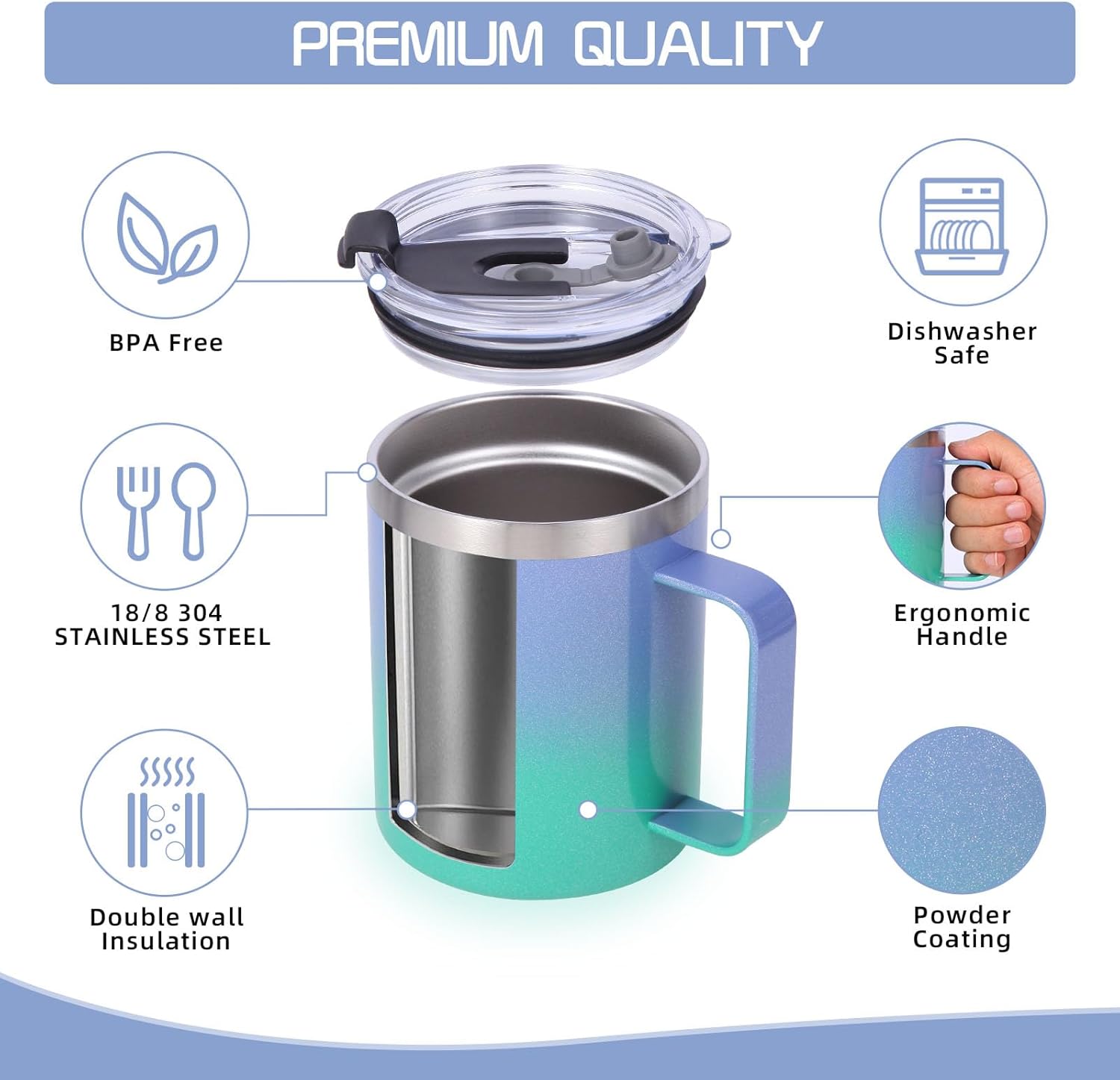 Volhoply 12oz Insulated Leakproof Coffee Mug with Flip & Straw Lid,Double Wall Vacuum Stainless Steel Travel Tumbler Cup with Handle,Reusable Camping Mugs Keep Cold/Hot(Purple Green,1 Set) - Image 3