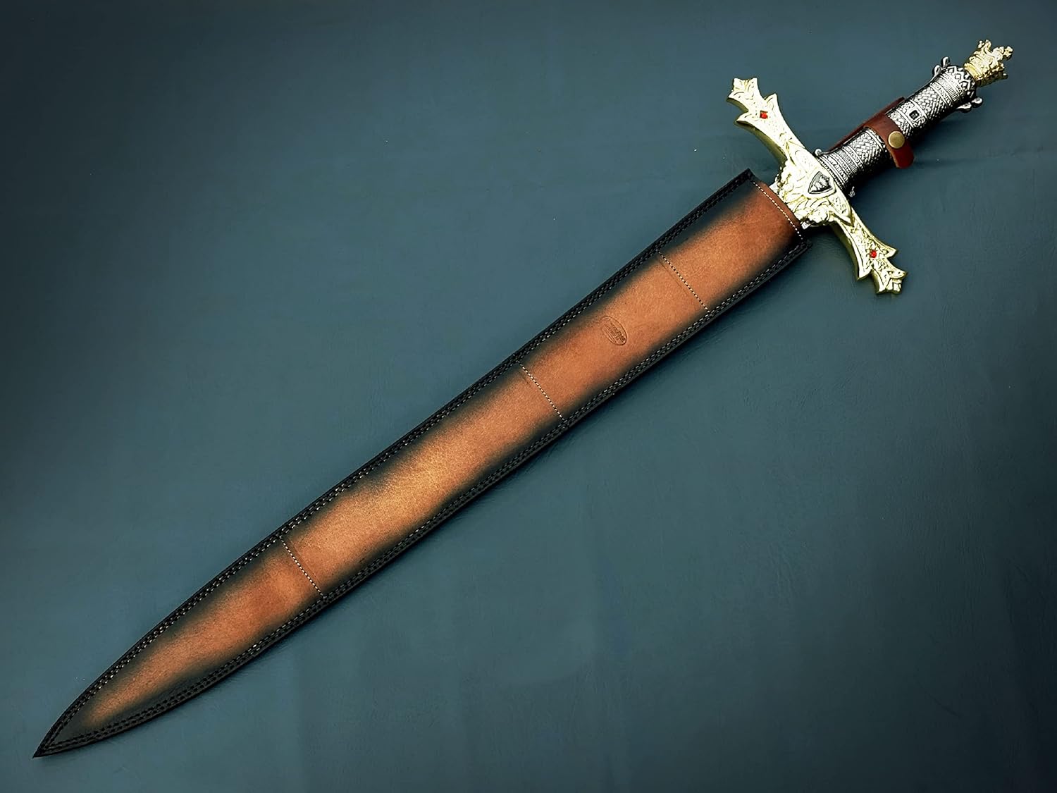 HUNTEX Exclusive Legendary Damascus Steel Medieval Crusader Excalibur Gold Replica Sword 37 Inch Long, Razor Sharp with Genuine Leather Scabbard