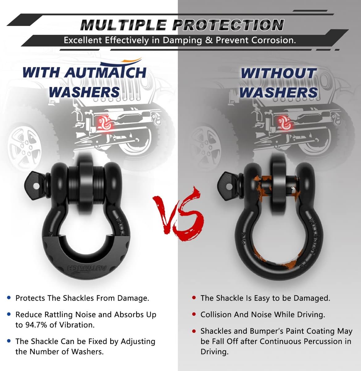 AUTMATCH Shackle Washer Kit (16-Pack) - Rubber Spacers for 3/4" Shackles