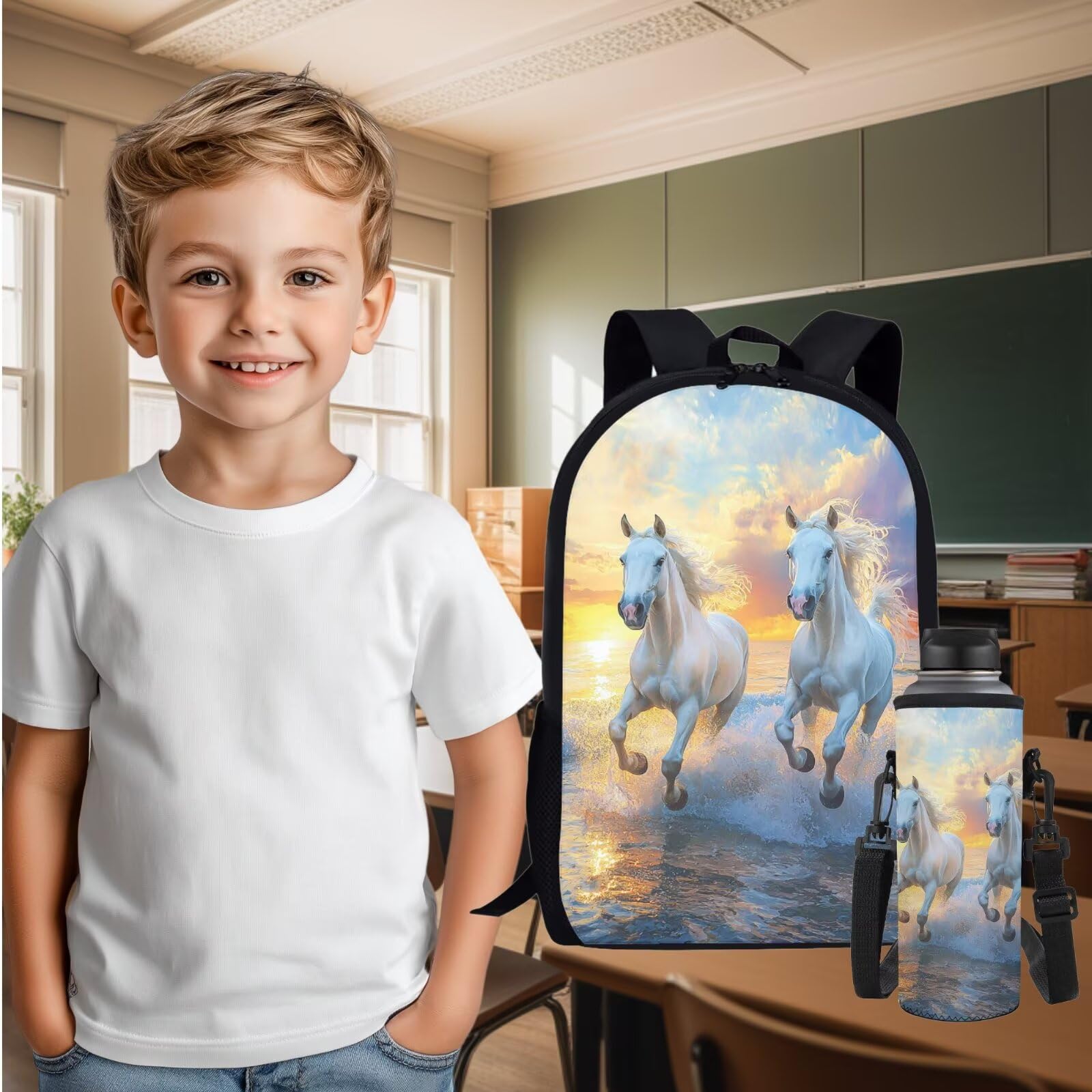 Juegos de mochilas escolares para niños con lonchera y botella de agua, mochila de viaje para niños y niñas, Estampado de caballo, Talla única