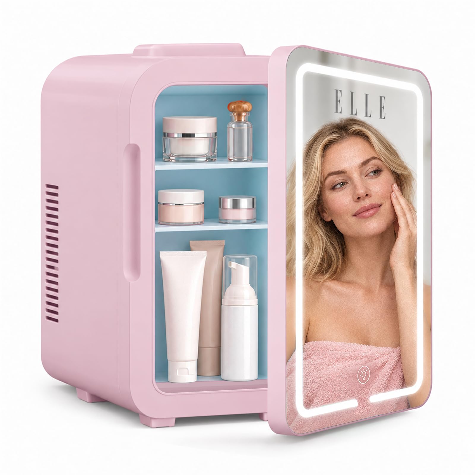 ELLE Mini dispositivo di raffreddamento con specchio per trucco a LED 8L portatile Cooler rosa