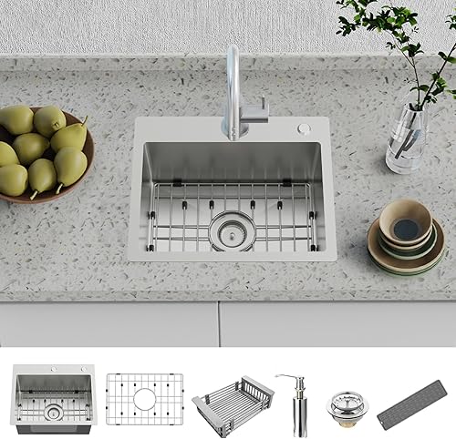 Miniatura 8 de Fregadero de cocina y bar, 20 x 16 pulgadas, de acero inoxidable, moderno, de un solo tazón, montaje superior, fregadero de cocina y bar, rejilla