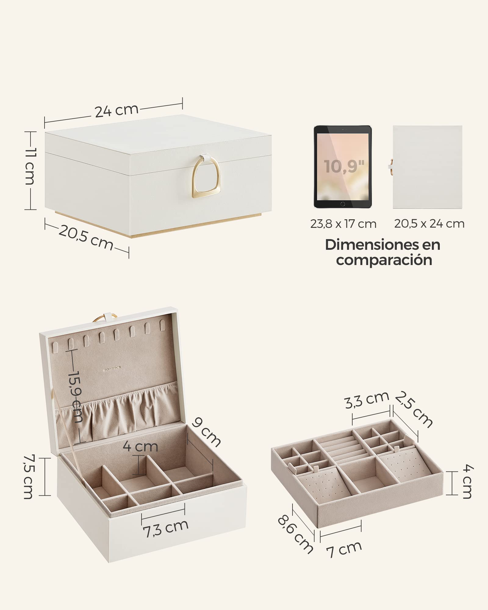 SONGMICS Joyero 2 Capas, Bandeja Flexible para Joyas, Efecto Flotante, 20,5 x 24 x 11 cm, Blanco