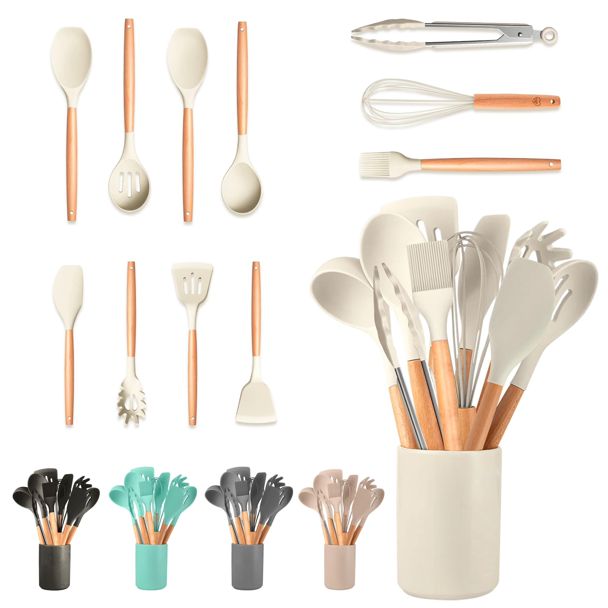 JUPPLIES Juego de Utensilios de Cocina de Silicona 19 Piezas con Cuchillos, Tijeras y Tabla de Cortar – Set Antiadherente Resistente al Calor – Apto para Todas Las Ollas y Sartenes - Beige — view 12