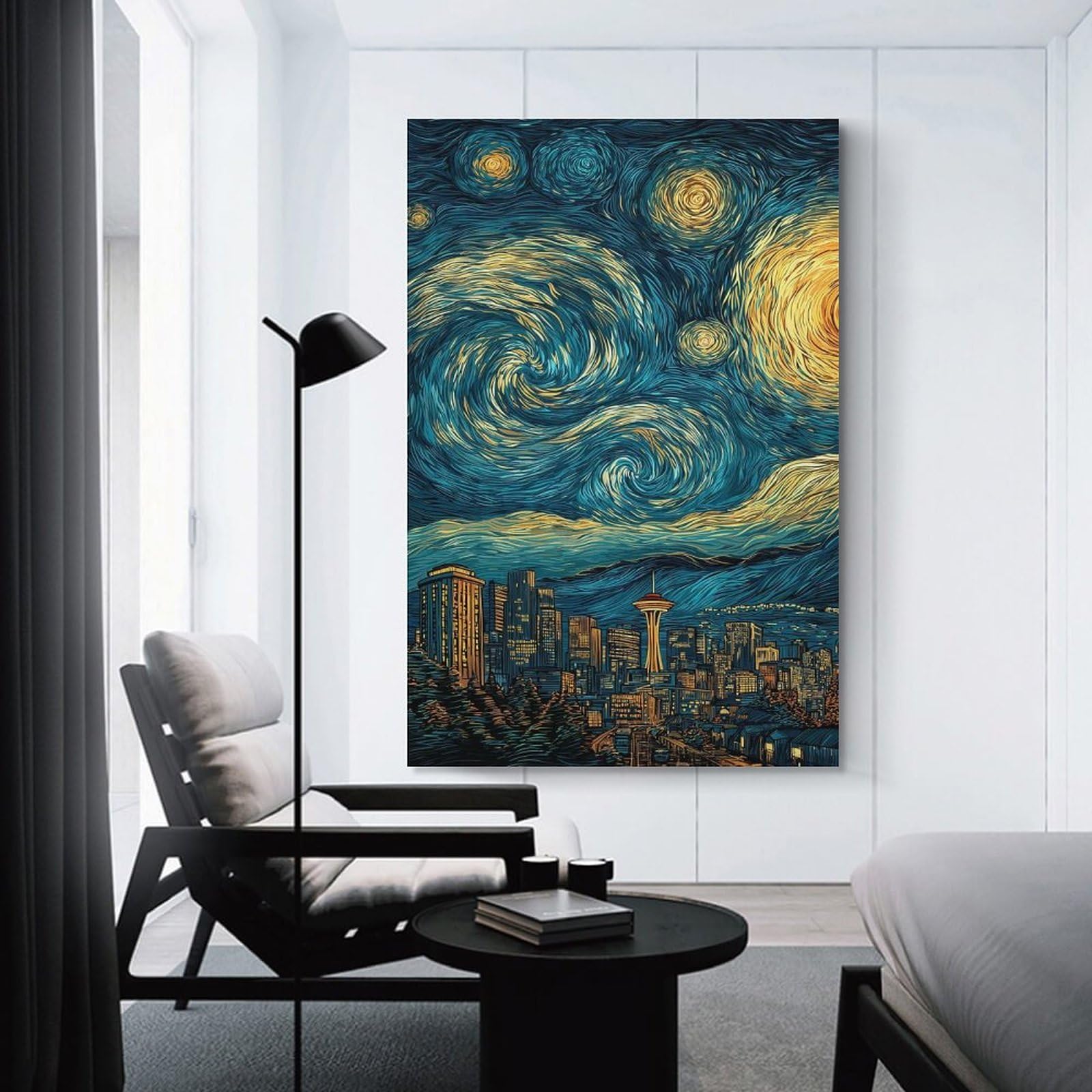 Junmoney Unframe-Style-22 Wall Picture Print Seattle Skyline Starry Night Art, 24X36inch(60X90cm), For Contemporary Homes, Apartments Or Offices, Decorative Canvas Decor For Home Updates