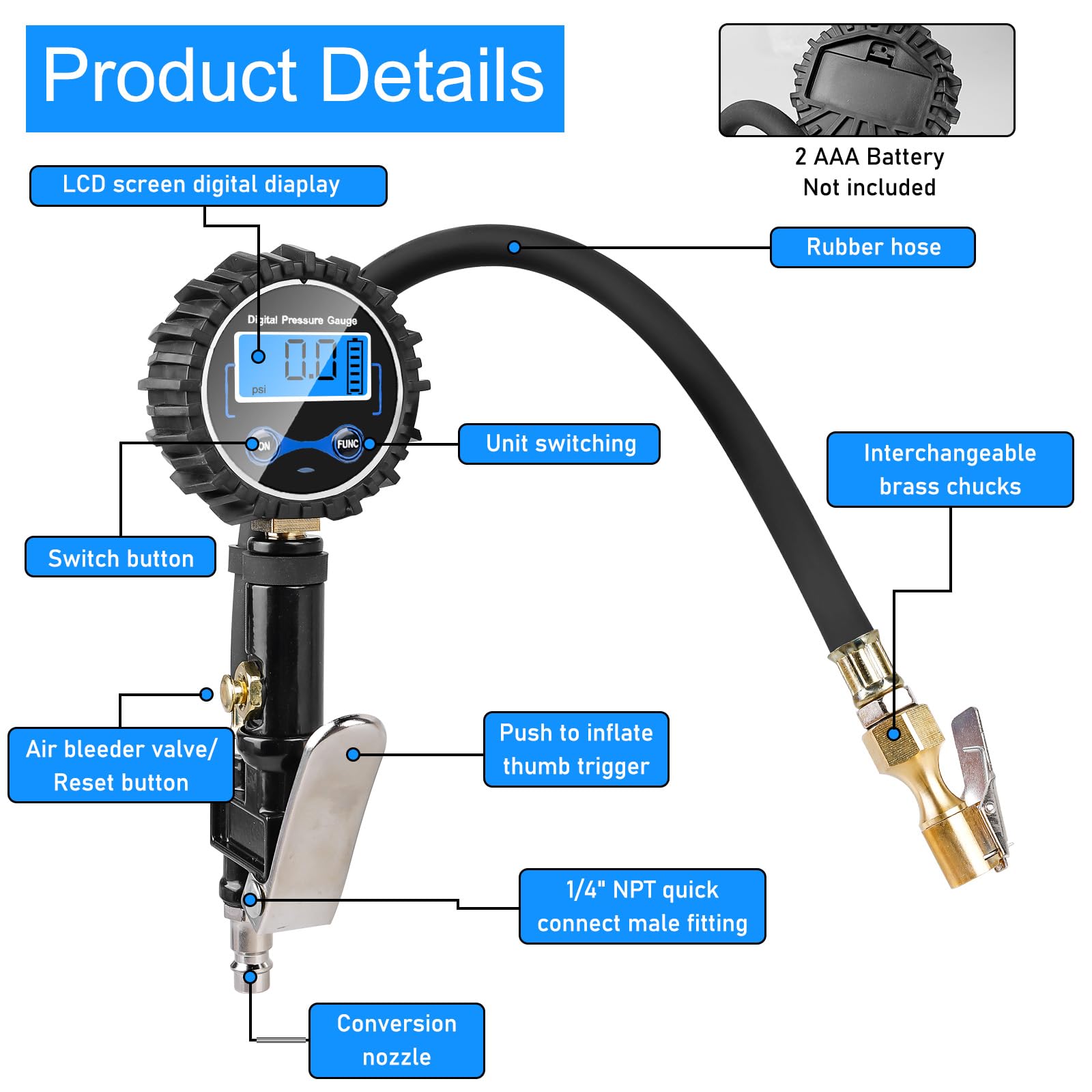 Gonfiatore per pneumatici, manometro digitale 200 PSI, misuratore di pressione ad alta precisione per auto, moto e bici