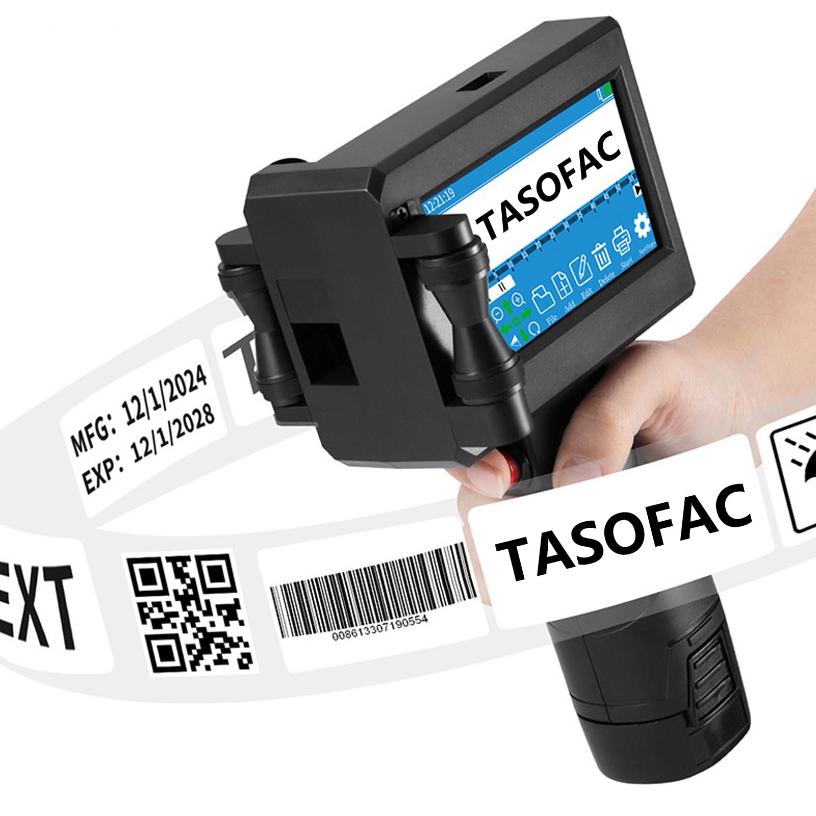 Impresora de inyección de tinta portátil, 【con 55 ml cartucho】, secado ultra rápido (<1s sobre cartón), 16H Autonomía, 1-4 líneas, altura 2-25,4 mm, 600 DPI 360 ° impresión QR/código de barras, fecha