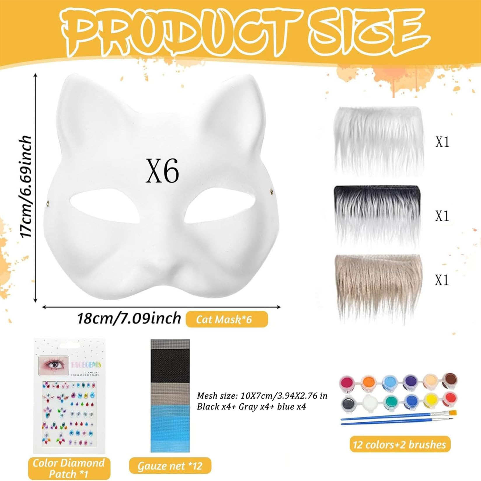 Yotako Lot de 21 masques de chat Therian en fausse fourrure pour masques Therian et feuille de tissu en feutre autocollant, 5 couleurs avec 10 mailles pour les yeux et autocollant pour