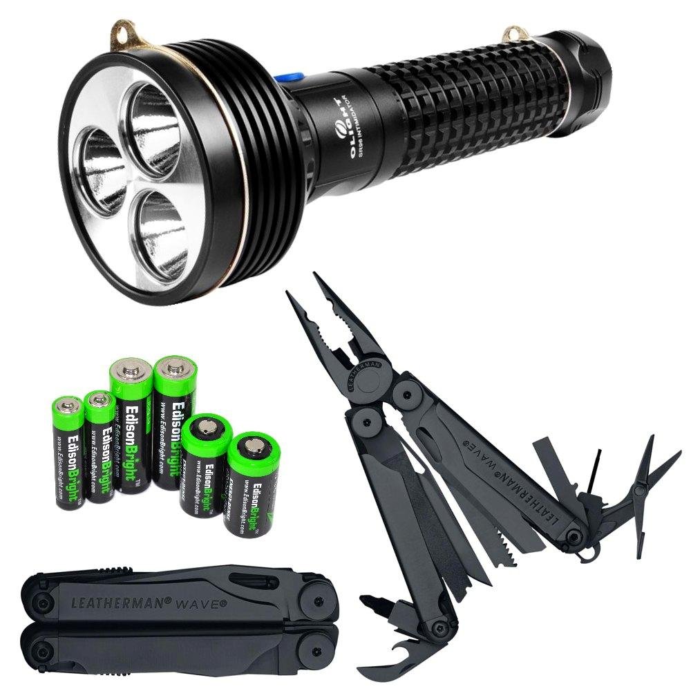 OLIGHT SR96 4800 Lumens Triple CREE MK-R LED Rechargeable Flashlight/Searchlight with Wave Multitool and EdisonBright Battery Sampler Pack