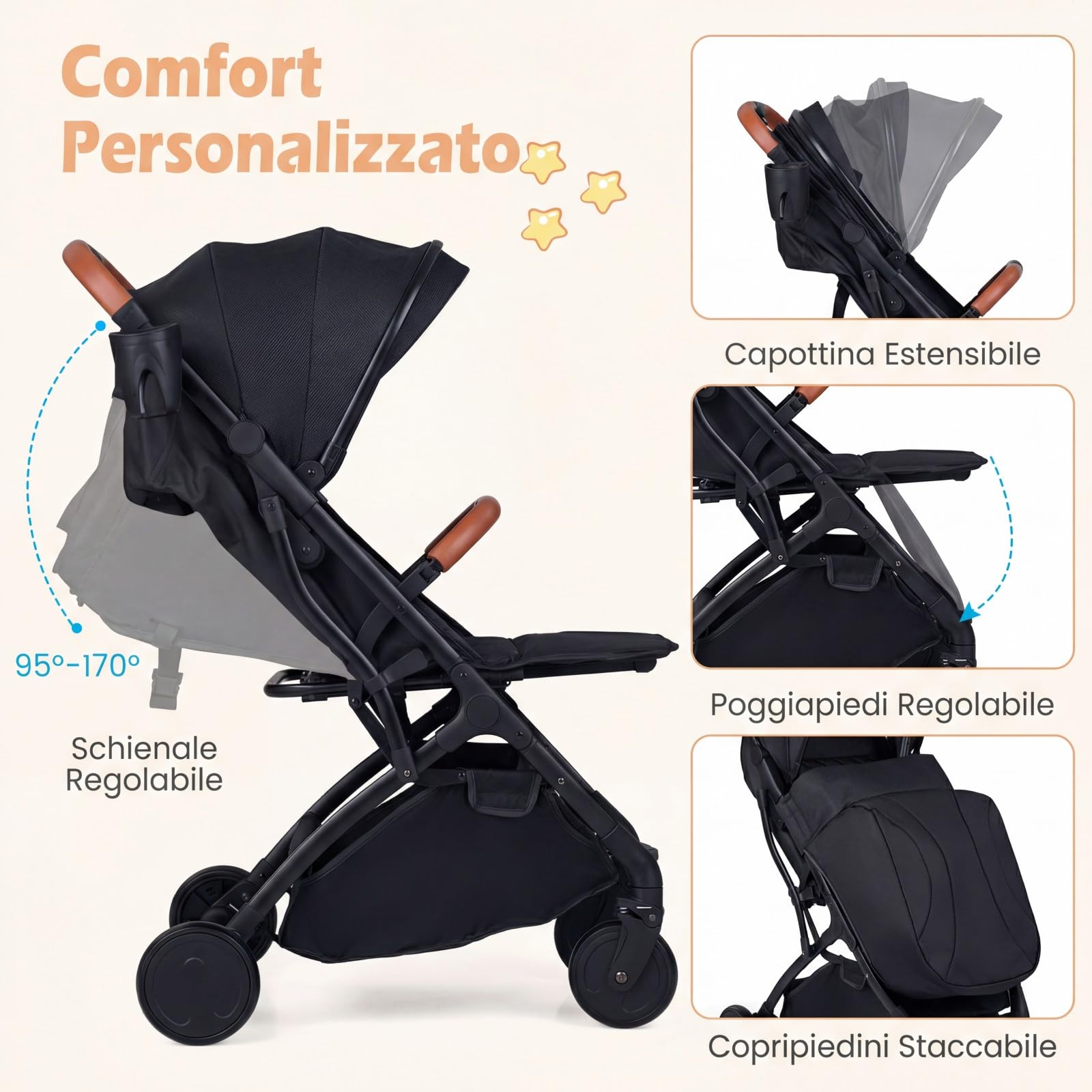 COSTWAY Passeggino Leggero per Neonati con Tettuccio, Schienale e Poggiapiedi Reclinabili, Passeggino Pieghevole con Portabicchieri, Cestello Portaoggetti, per Bambini 0-3 Anni (Nero)