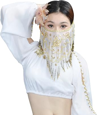 Belly Dance Tribal Face Veil With Beads, Halloween Costume Accessory