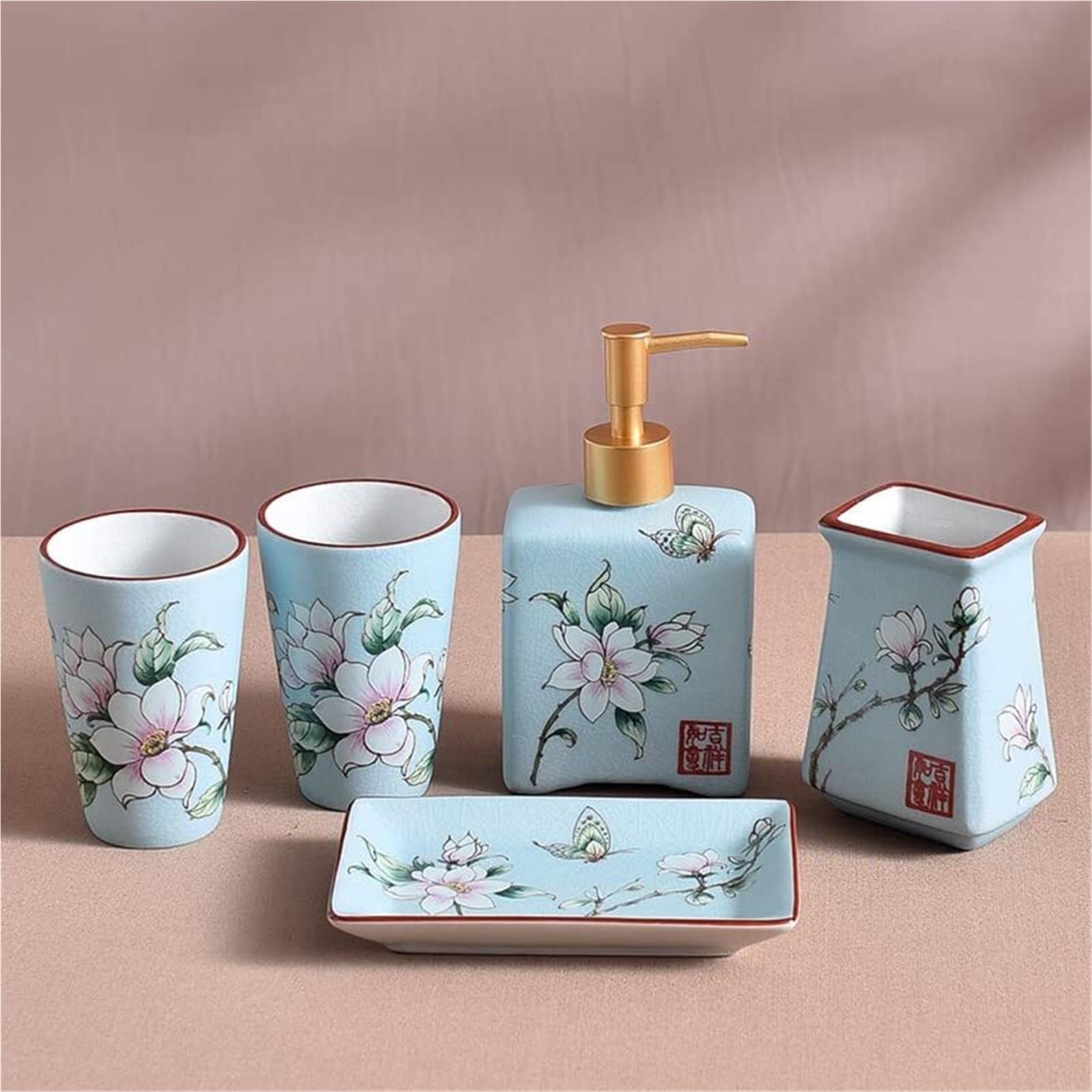 Set di accessori per il bagno Include 1 portaspazzolino, 2 bicchieri for gargarismi, portasapone, dispenser for lozione Arredamento per gli affittuari(Blue)