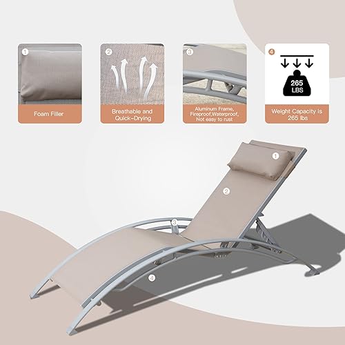 Miniatura 3 de Domi - Juego de 3 sillas de piscina, tumbona para exteriores con mesa auxiliar, silla reclinable ajustable de aluminio para jardín, piscina, playa,