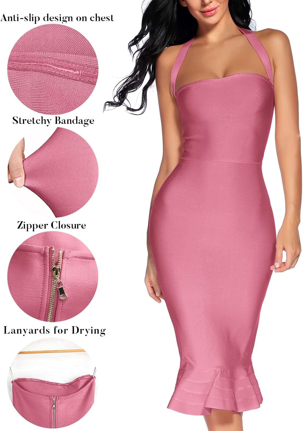 houstil Women's V Neck Halter Fishtail Bandage Bodycon Dress Party - Image 4