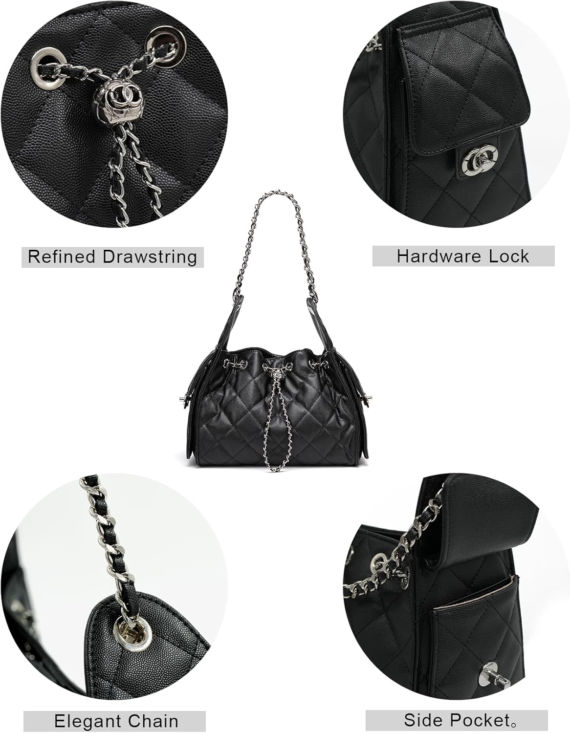 Women’s Quilted Leather Hobo Bag with Chain Strap Drawstring Shoulder Purse Elegant Crossbody Handbag - Image 5