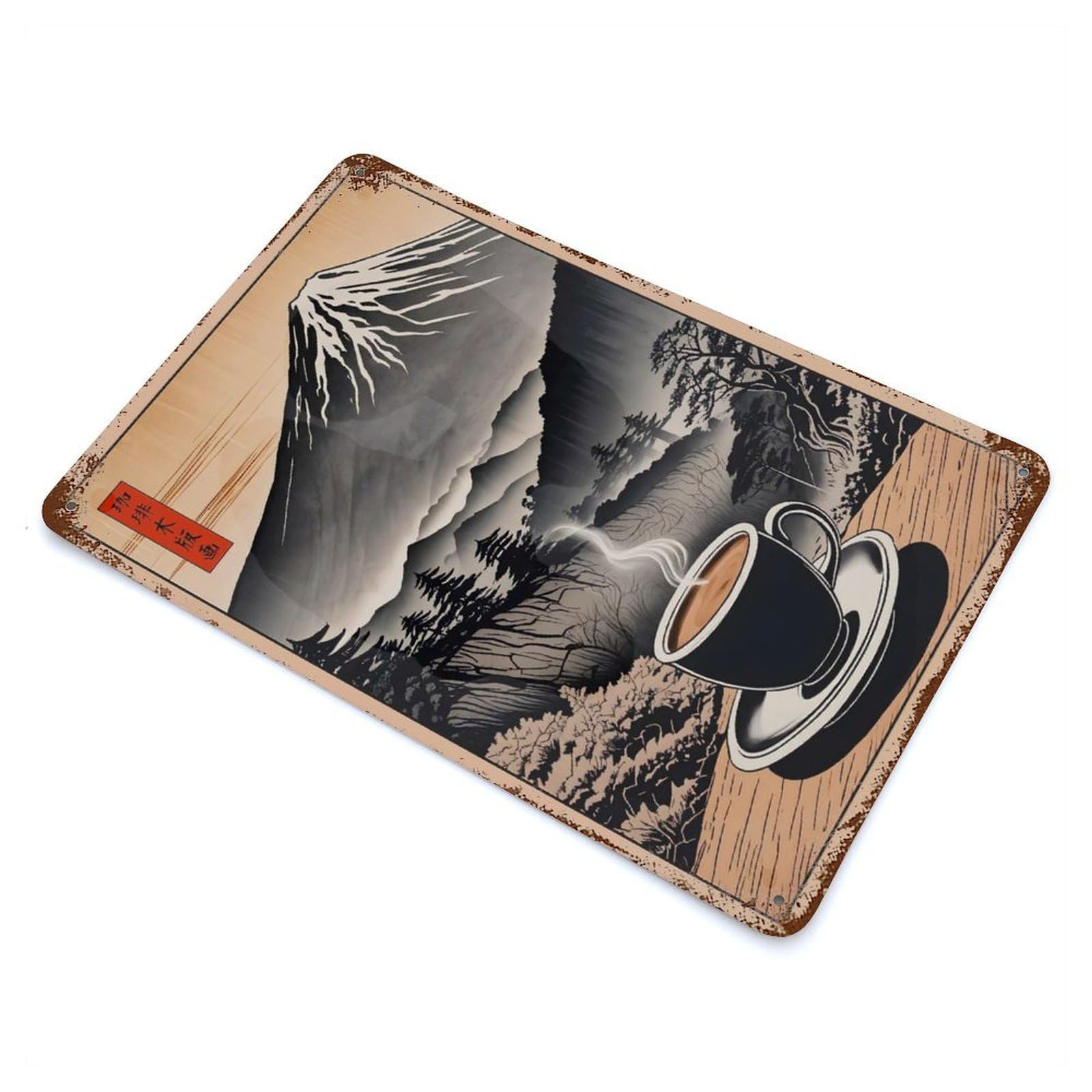 Mount Fuji Coffee Japanese Rusty Metal Tin Sign 11.8"x7.9", for Living Room, Hallway And Home Decor, Old School Wall Decor