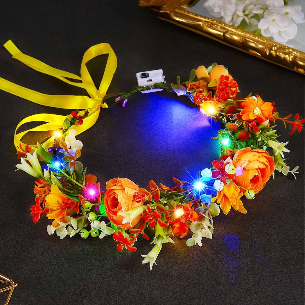 Atigy Light Up Flower Headbands LED Wreath Head Garland Floral Festival Hair Accessories for Women, Gold