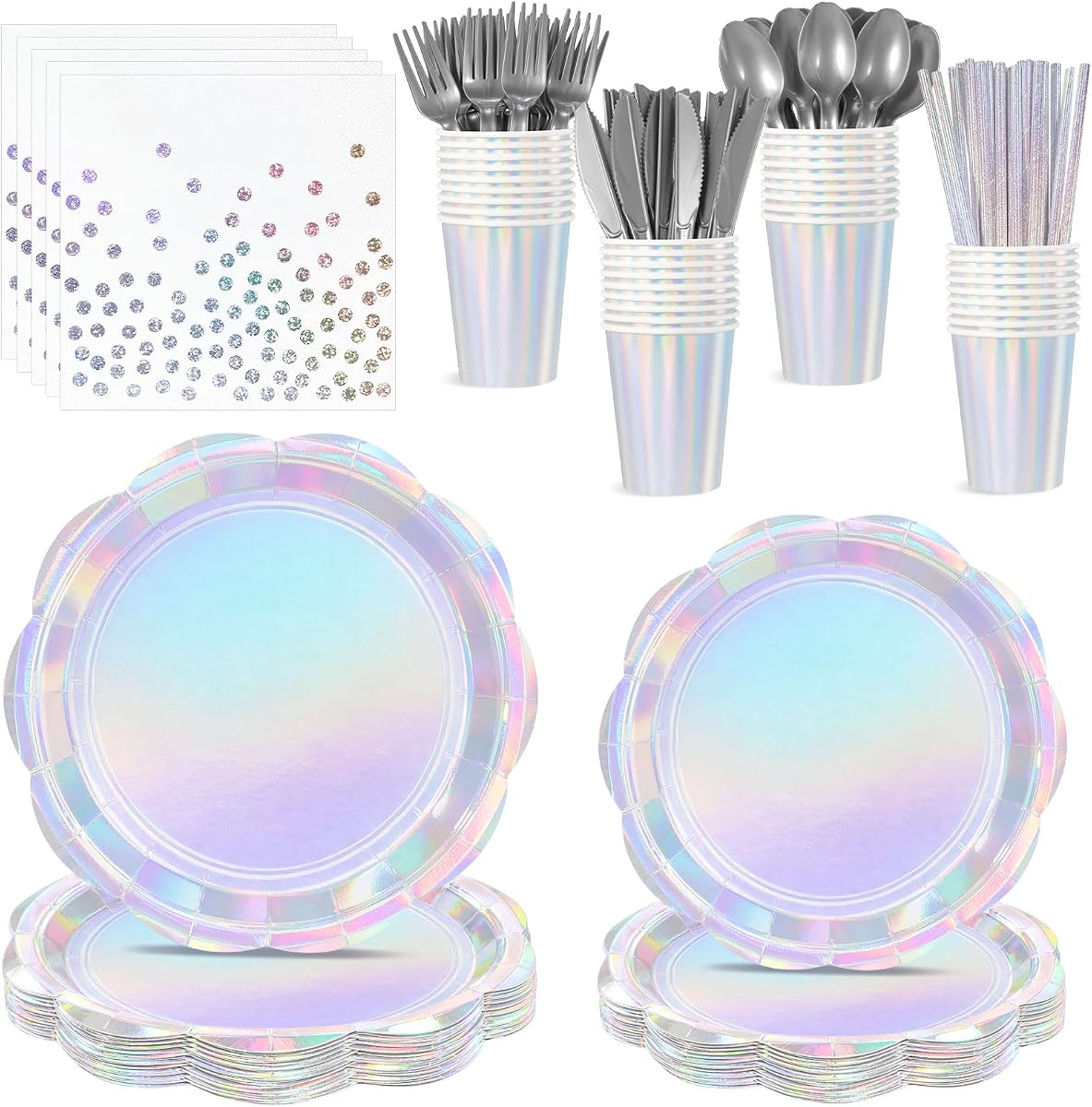 Juego de 25 platos y servilletas iridiscentes Decoraciones de fiesta iridiscentes festoneadas | Platos de papel holográficos, vasos, servilletas, pajitas, cubiertos de plástico desechables para cumpleaños de sirena, unicornio, discoteca