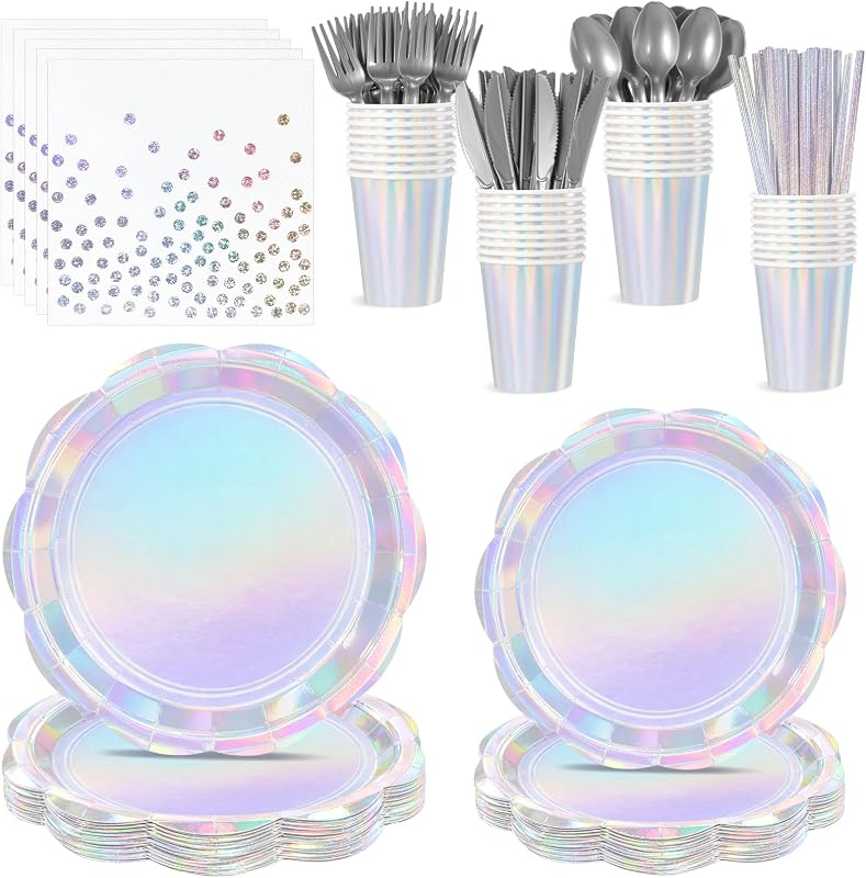 Juego de 25 platos y servilletas iridiscentes Decoraciones de fiesta iridiscentes festoneadas | Platos de papel holográficos, vasos, servilletas, pajitas, cubiertos de plástico desechables para cumpleaños de sirena, unicornio, discoteca