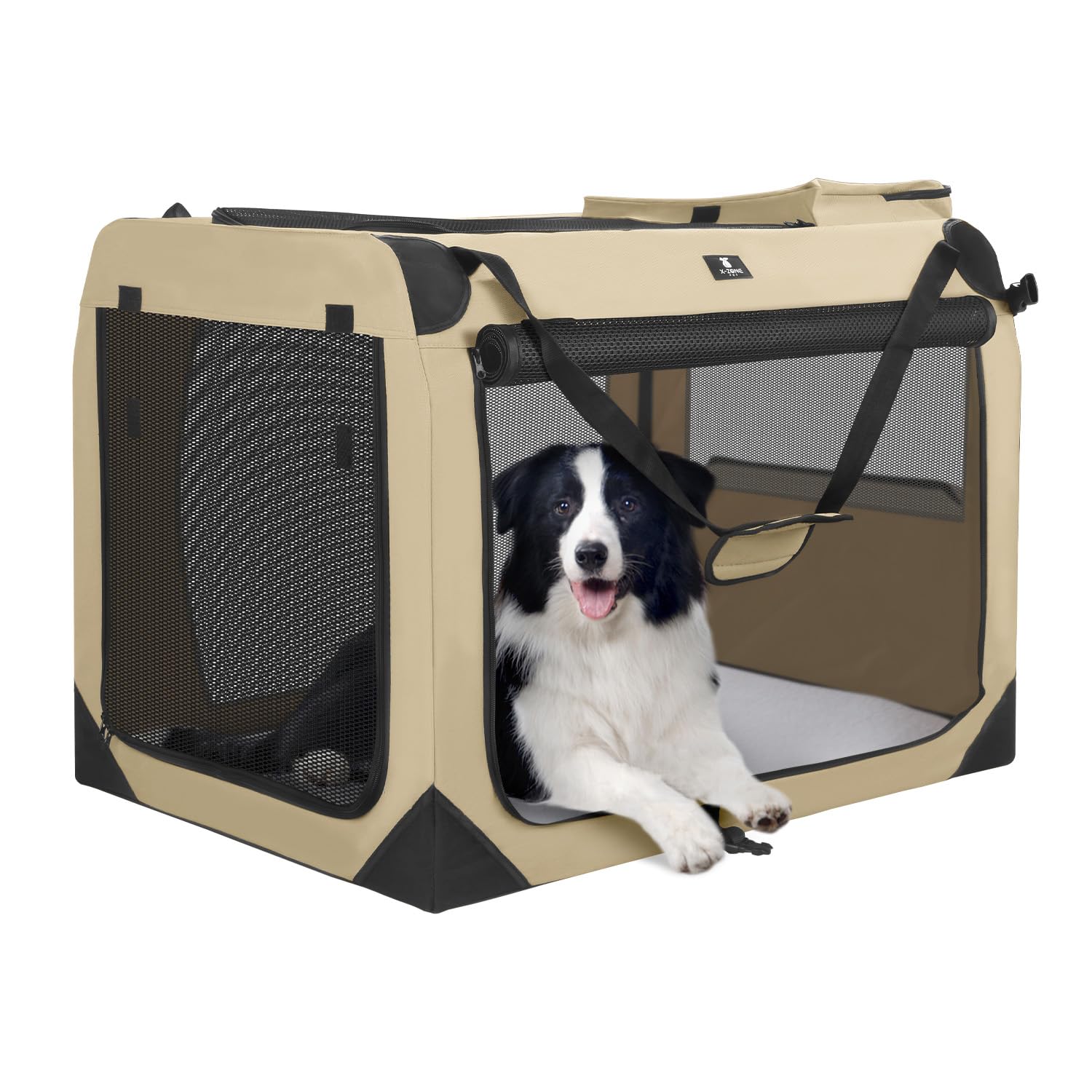 X-ZONE PET Dog Crate 3-Door Kennel, Collapsible Portable Soft Sided Pet Carriers for Indoor & Outdoor, Multiple (24-Inch, Rice White)