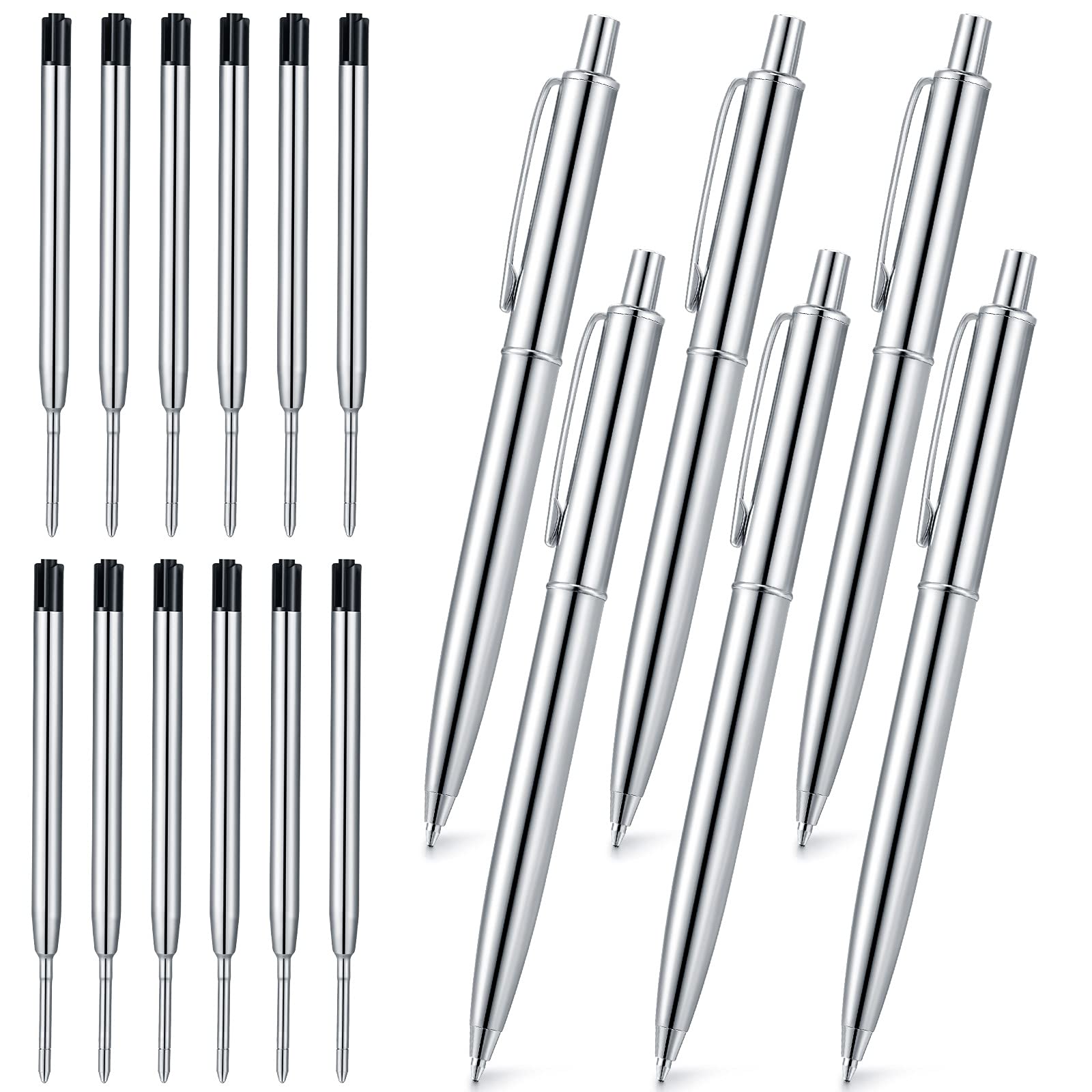 Buy 6 Pens with 12 Refills, Silver Ballpoint Pens Silver Slim Metal