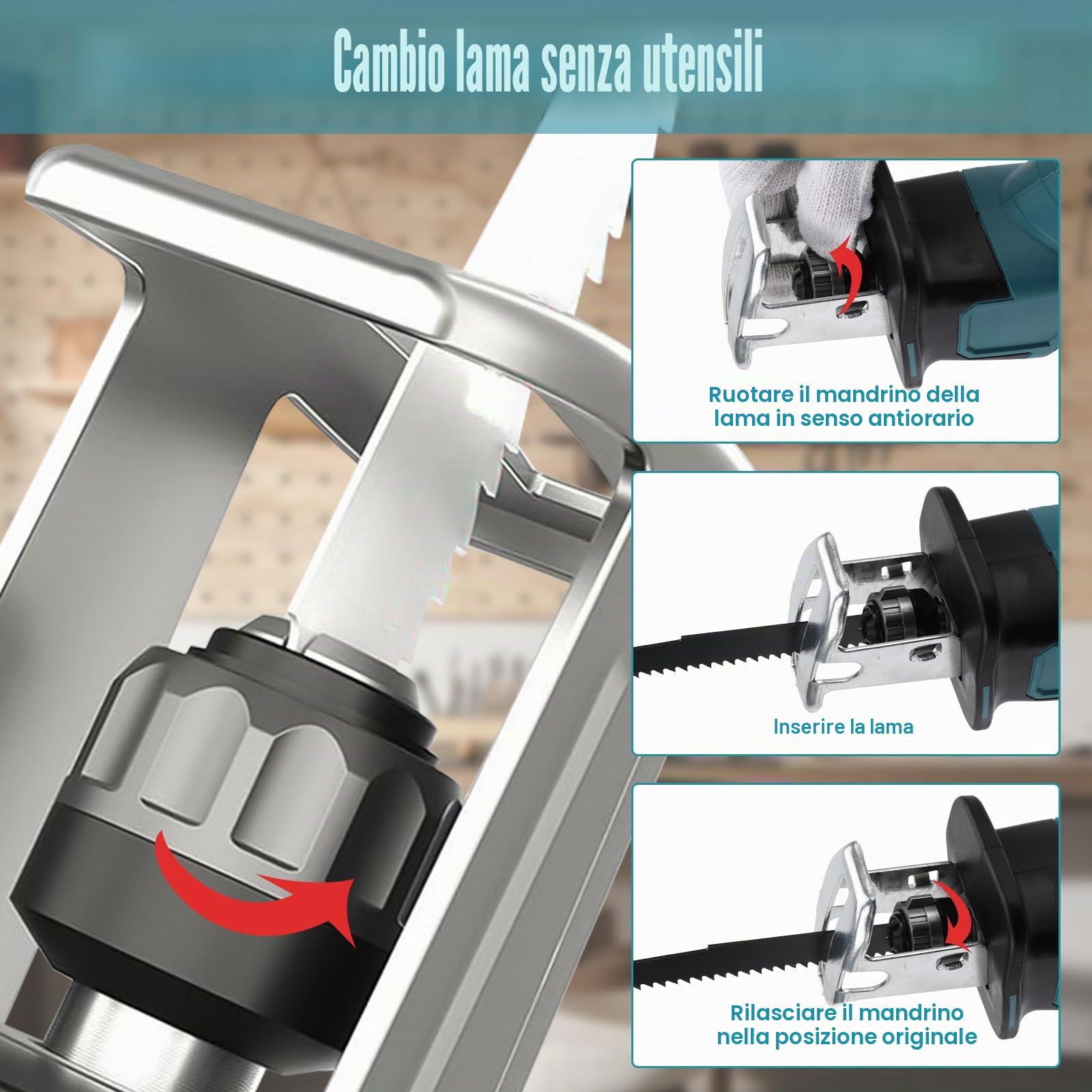 Sega recipro compatibile con Makita 18V Batterie, con 4 lame, sega a sciabola portatile per metallo, legno, tubi in PVC, taglio ad albero (Senza Caricatore)