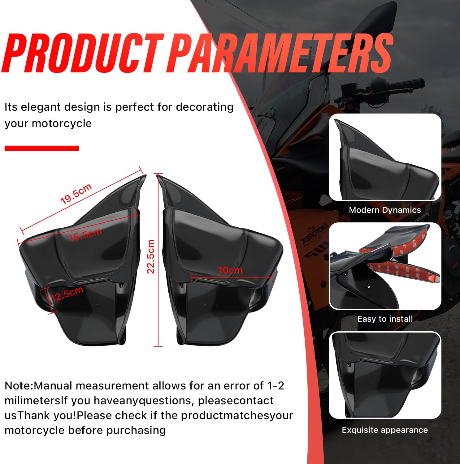 Motorcycle Fairing for KTM RC390 2022-2025, Spoiler Wing for KTM Winglet, Durable ABS Plastic Easy Installation of KTM RC390 Fairing (Bright Black)