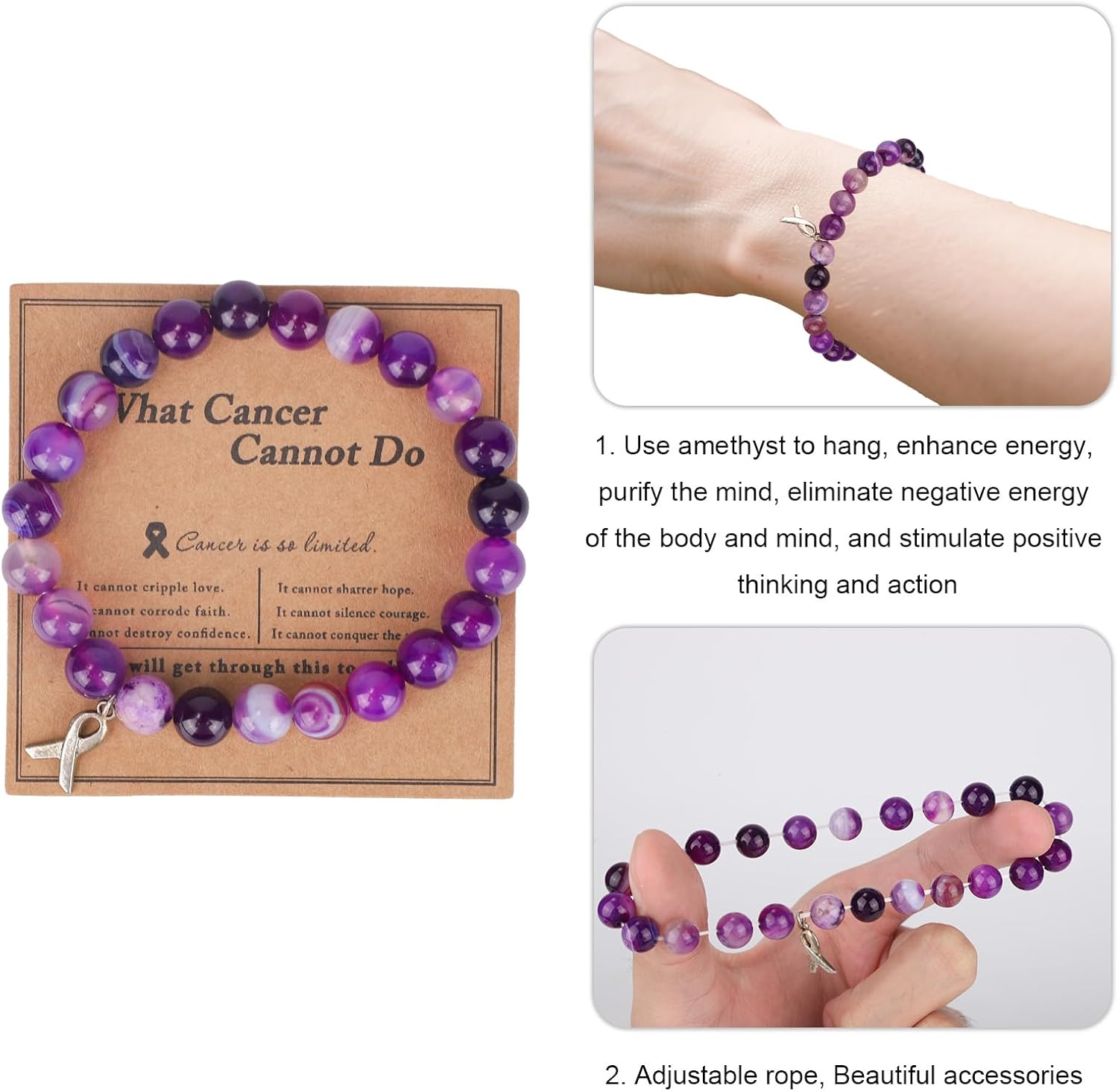 Amethyst Bracelet for Women, Handmade Inspirational Crystal Bracelet with Positive Card Encouragement Gift Adjustable Friendship Jewelry for Women Get Well Soon - Image 4