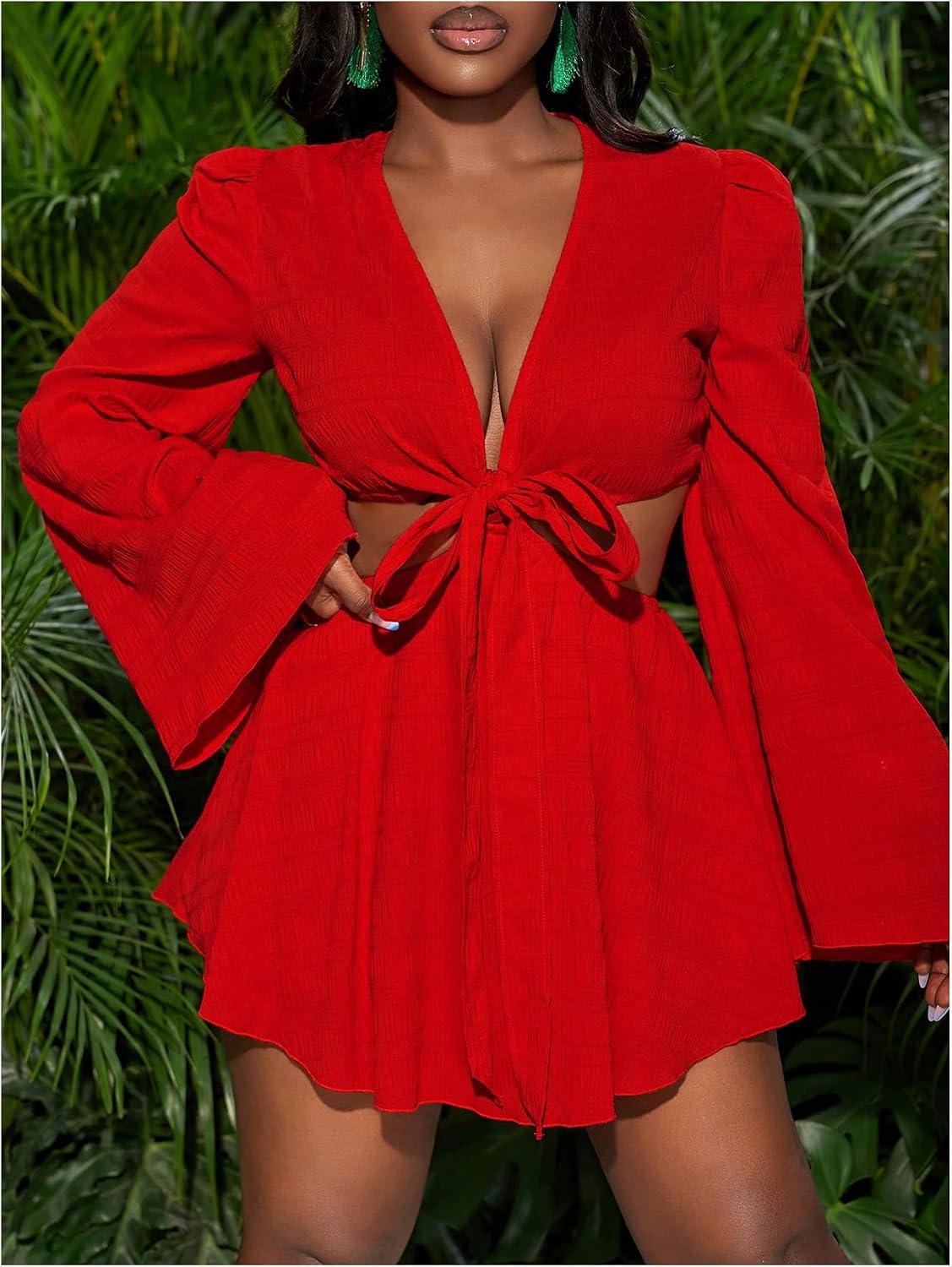 BEAUDRM Women's Tropical Dresses Summer Dress Vacation Beach Sundresses Sexy Long Bell Sleeve Two Piece Vacation Outfits