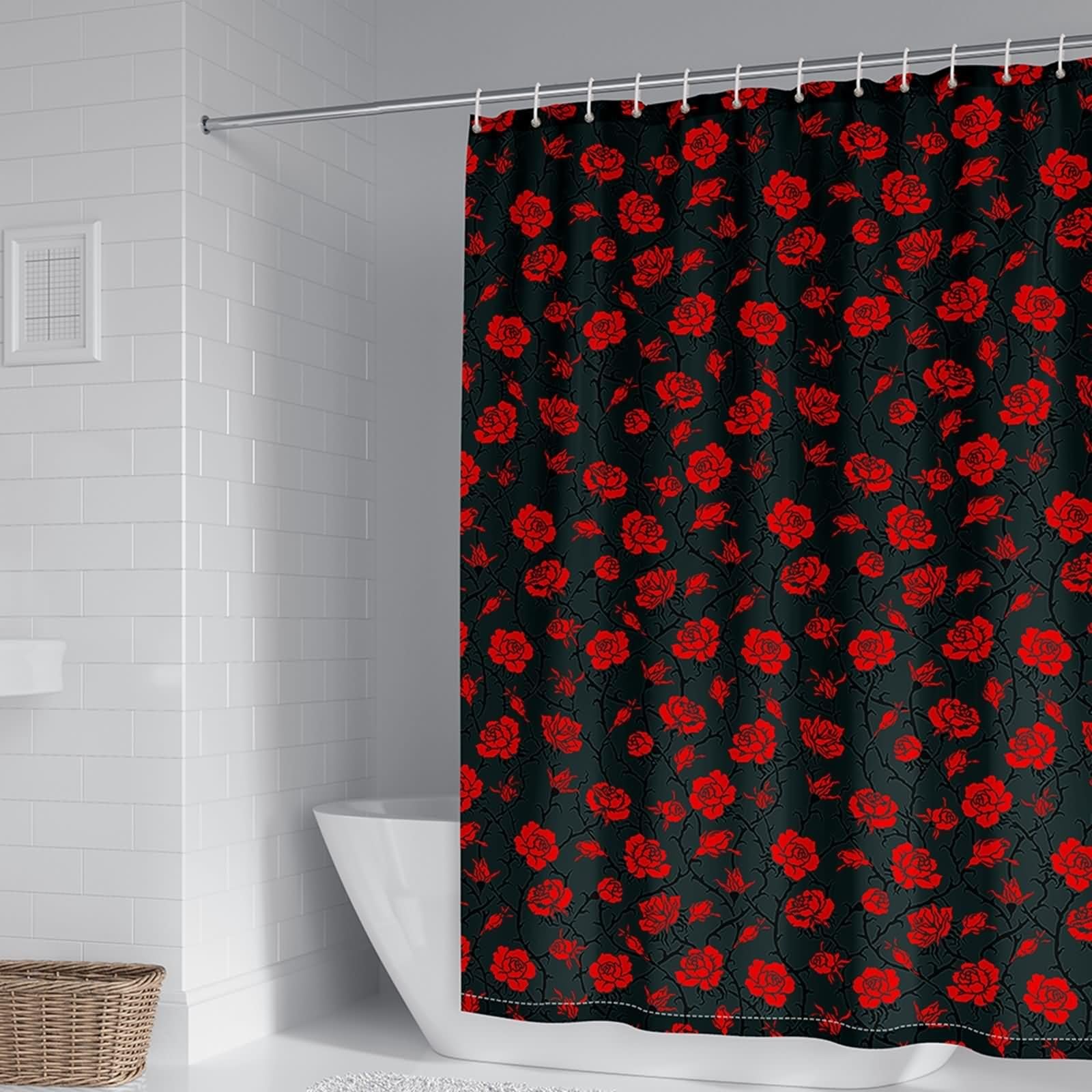 Rideau de douche rouge 300x200cm en polyester à motif fleurs pour grande salle de bain