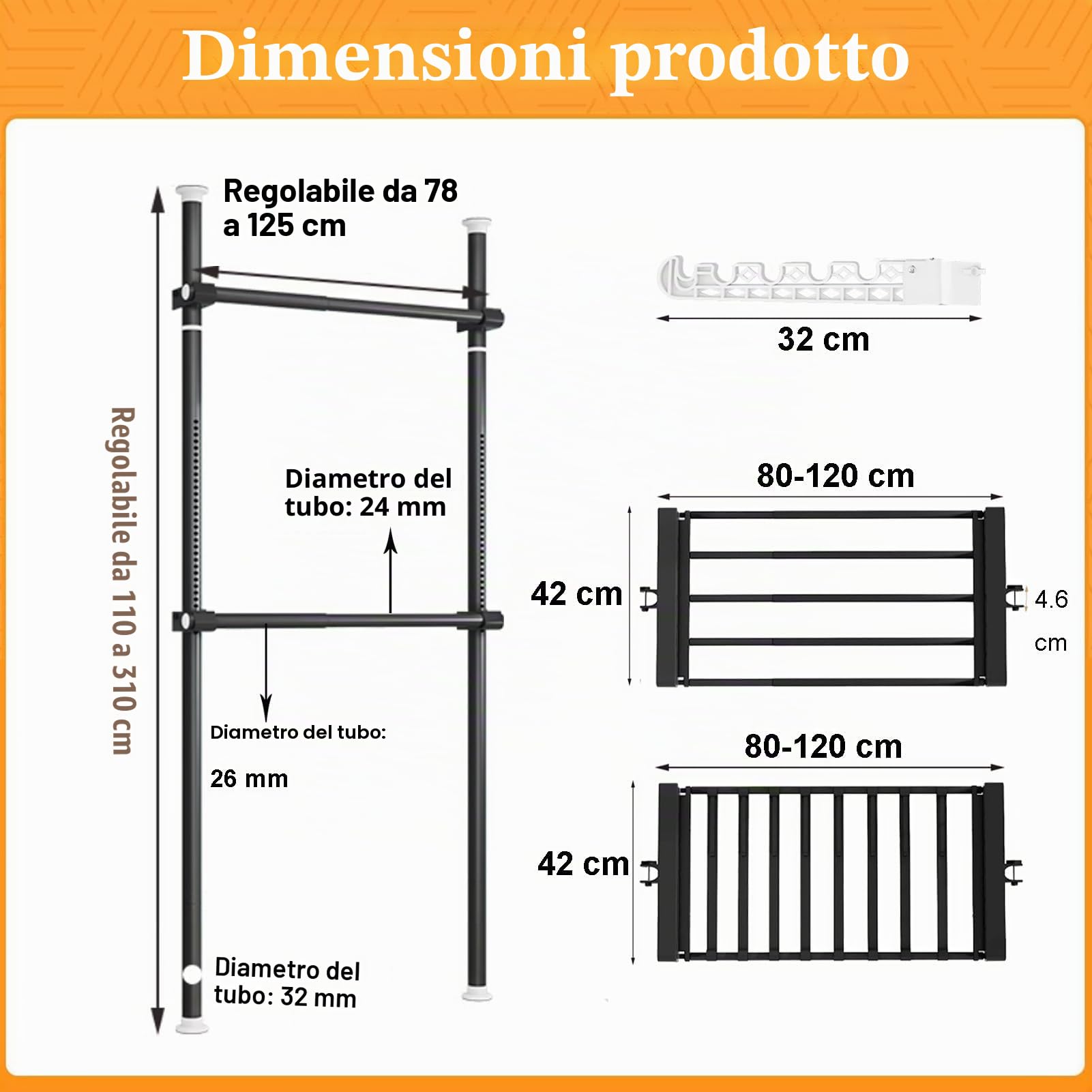 Kit Modulare per Armadio a Cabina - Appendiabiti Telescopico Regolabile con Scaffali, 110-310 Cm, Ideale per l'Organizzazione di Dormitorio e Camera da Letto