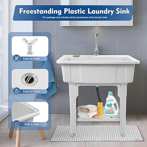 Miniatura 4 de Fregadero de plástico independiente con tabla de lavadero, fregadero de utilidad gris con grifo calientefrío para garaje, jardín y lavandería