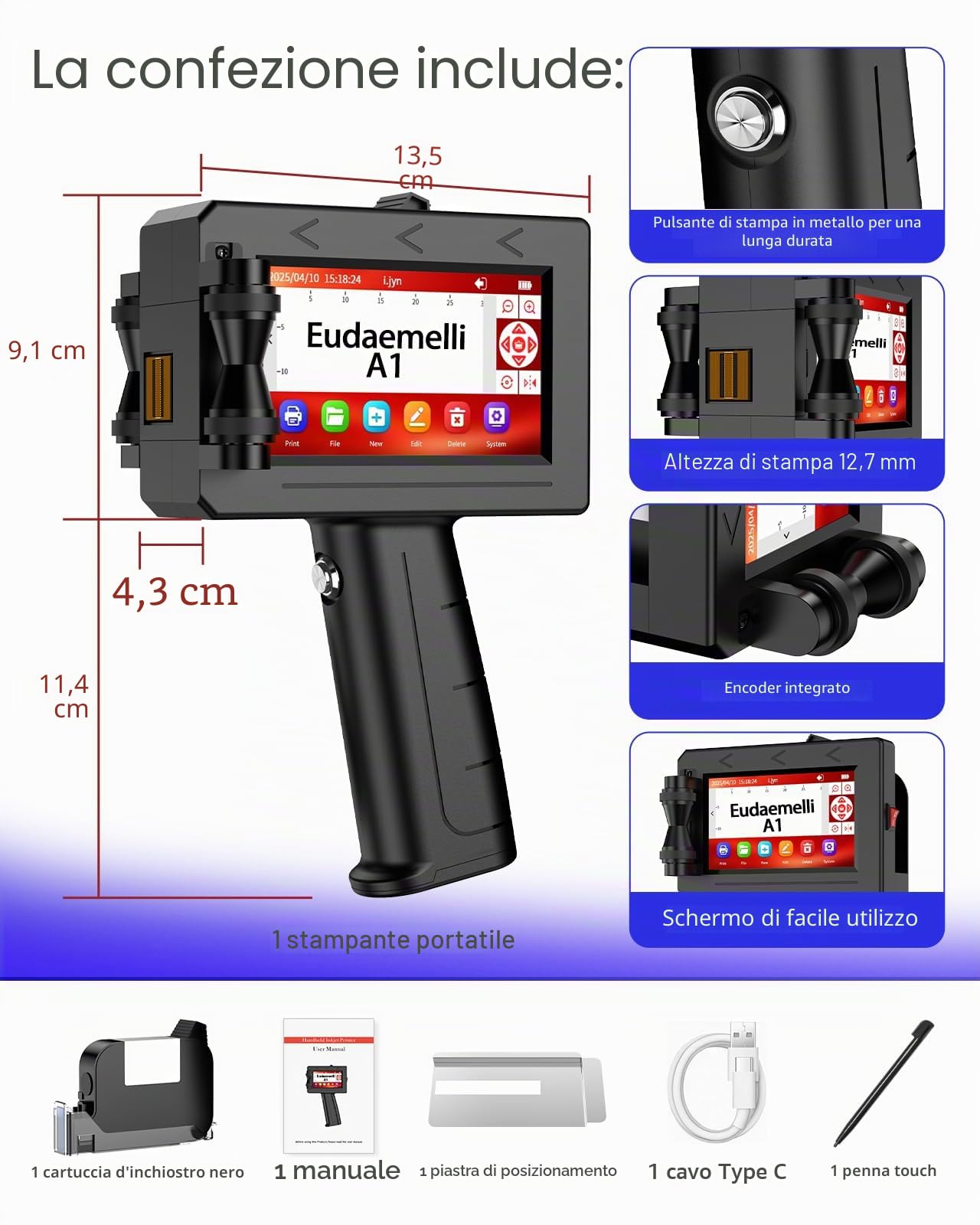 A1 Stampante Palmare Portatile,Stampante a Getto D'inchiostro con Touch Screen da 4,3 Pollici per Logo/Immagine/Data di Produzione/Numeri/Lotto/Codice QR/Codice a Barre(Altezza di stampa 2-12,7 mm)
