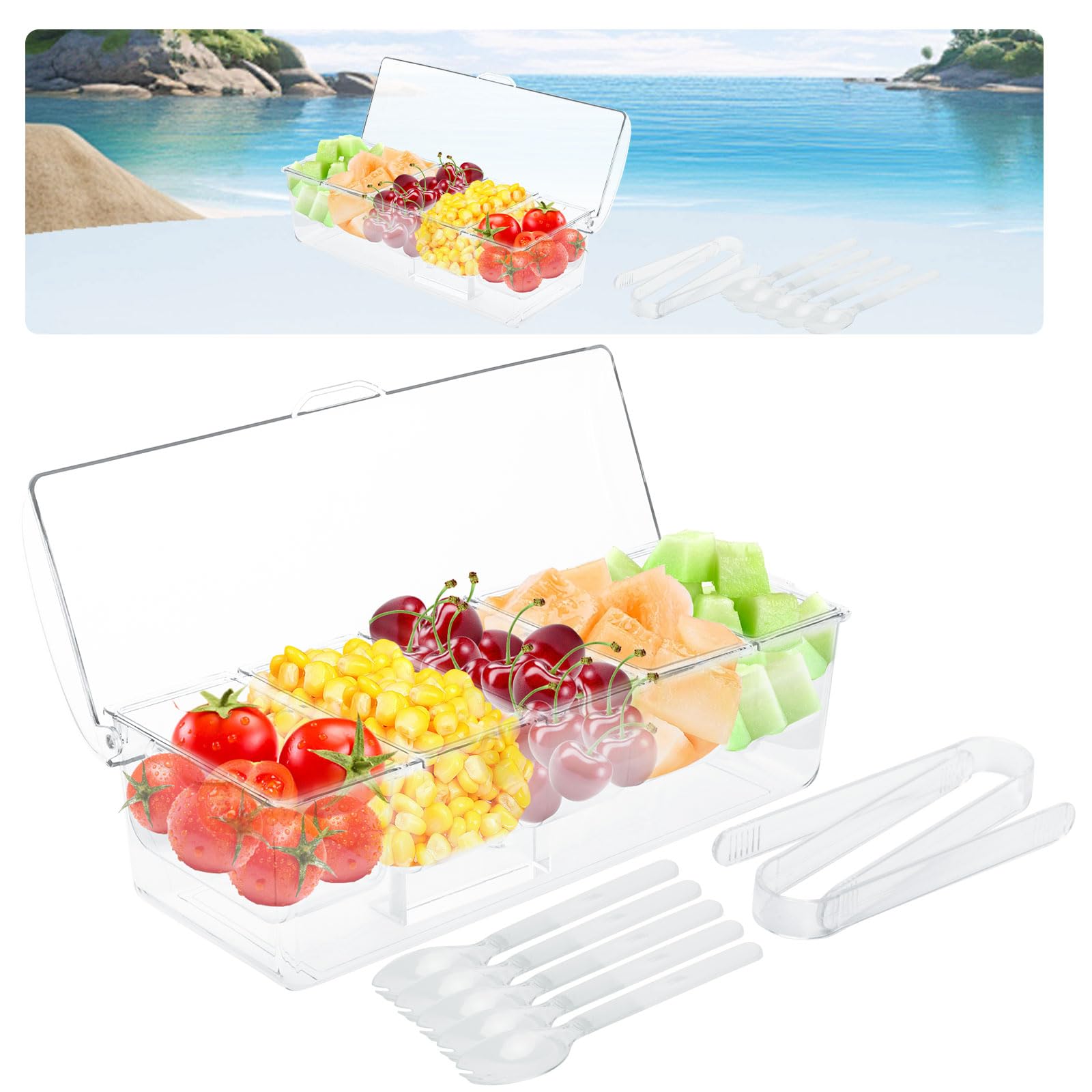 Kühle Genüsse - Ice Bar Set mit 5 Einsätzen, 5 Löffeln und 2 Zangen - Cocktailparty, Bar, Buffet - Pizza, Obst - BPA-frei, leicht zu reinigen - Großer Kapazität, Serviertablett für Obst