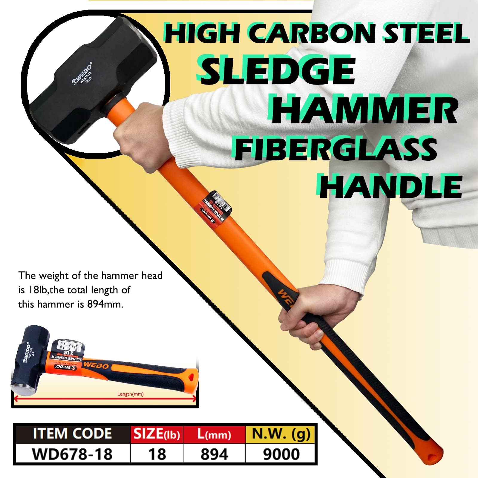 WEDO Marteau de 8,2 kg avec manche en fibre de verre, marteau de club, marteau de perçage, marteau de fissuration, marteau en acier à haute teneur en carbone, longueur 894 mm, résistant aux chocs