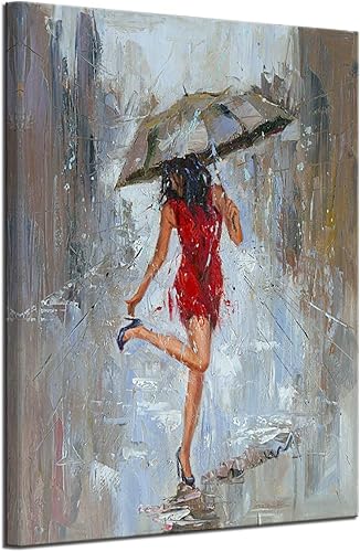 Miniatura 2 de Arte de lienzo abstracto grande para pared, lluvia, impresión moderna, pintura de niña con paraguas y vestido rojo caminando en la calle, obra de