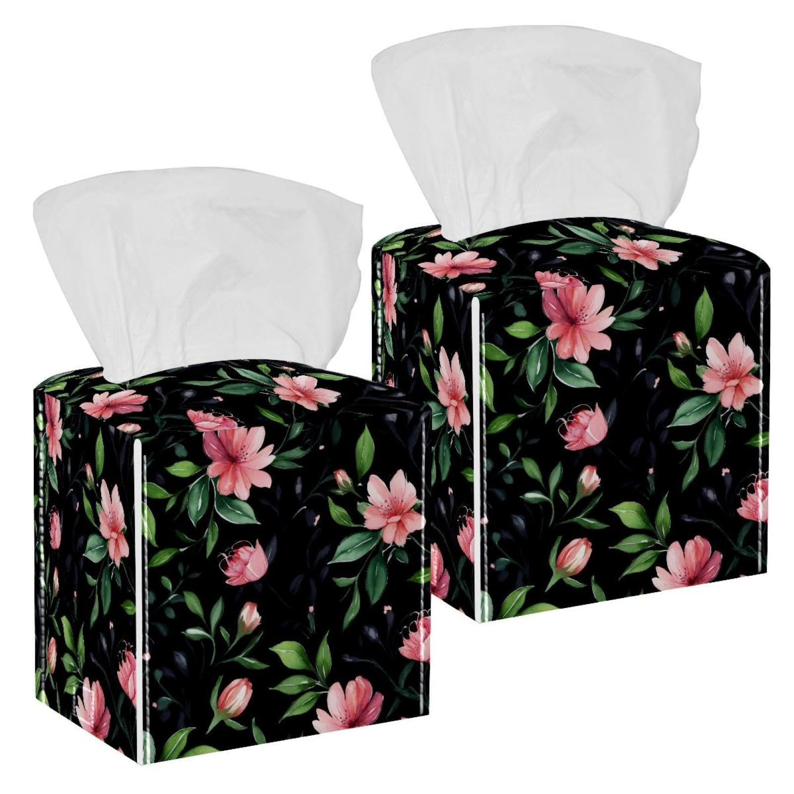 Artistic Leaves Tissue Box Cover, 2 Pack PU Leather Square Facial Tissue Dispenser Box holder for Home Office Car