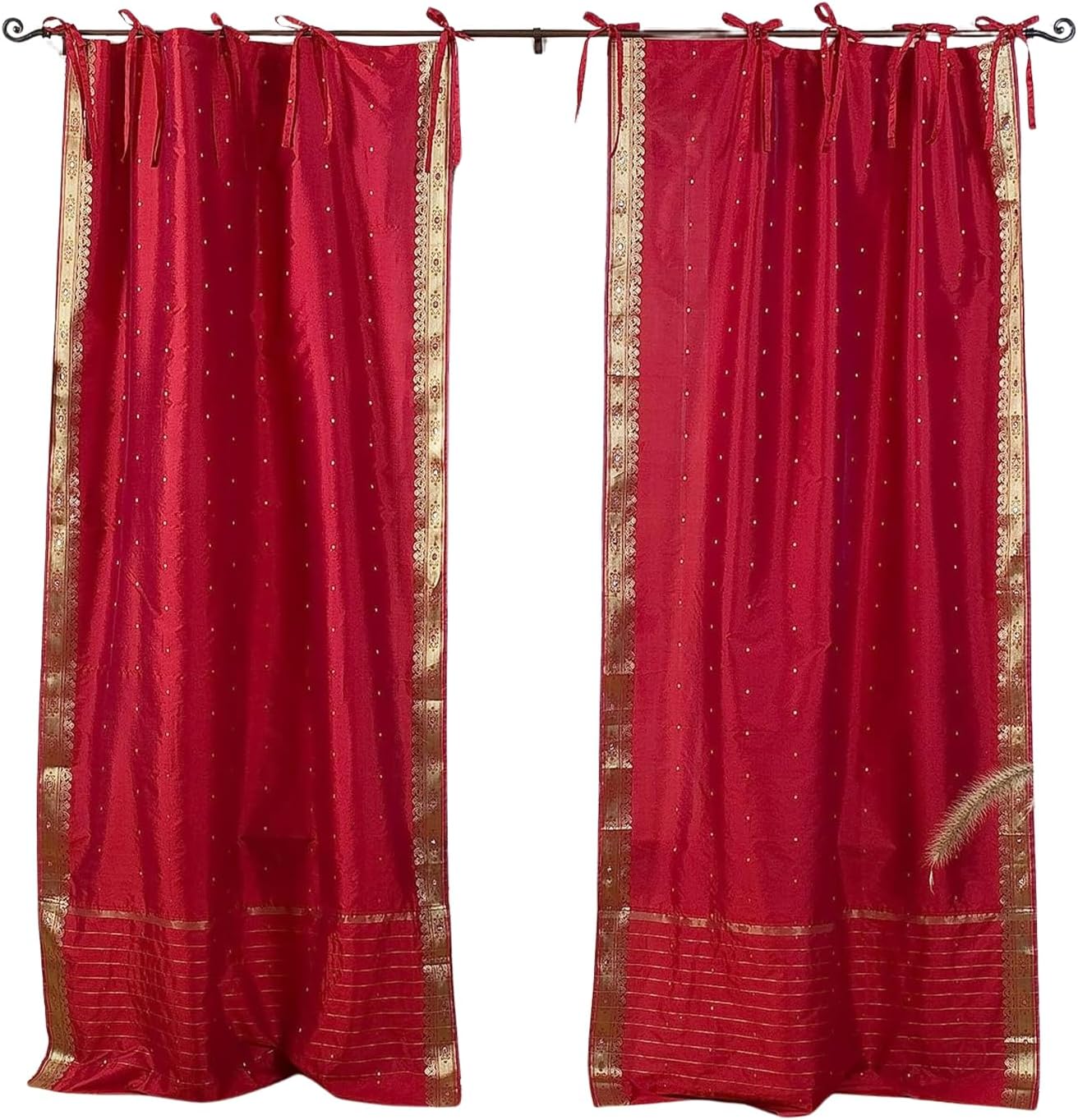 Handcrafted Fire Brick Indian Sari Curtains, Tiebacks Included Lined Tie Top Sari Sheer Curtains, 43" W x 24" L, Privacy & Insulation for Living Rooms, Bedrooms, and Dining Rooms, Sold in Pairs