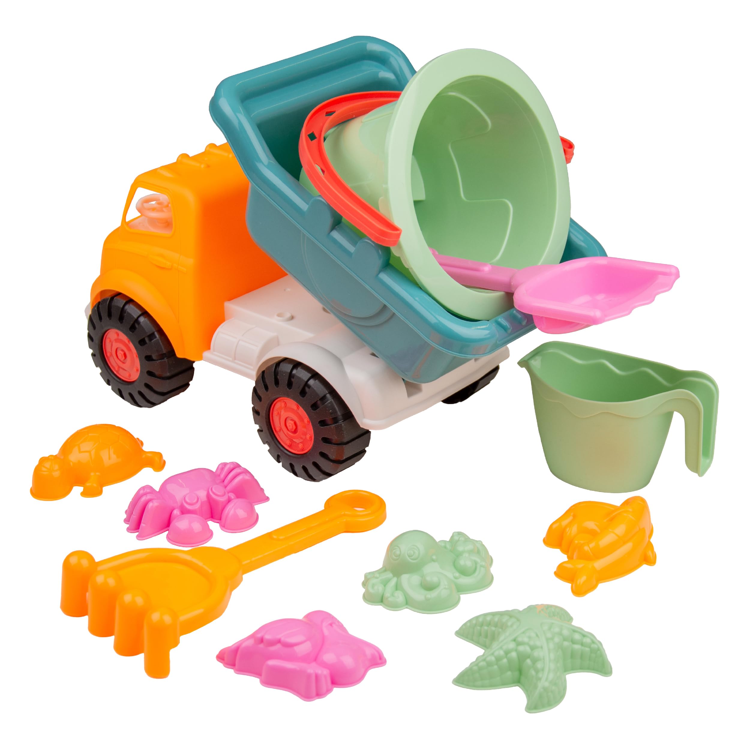 Activo Sand Truck & Accessories Set – 11-Piece Beach Toy Collection with Sea Creature Molds, Pickup Truck, Bucket, Spade, Rake & Water Jug for Creative Outdoor Play, Ideal for Toddlers 18+ Months
