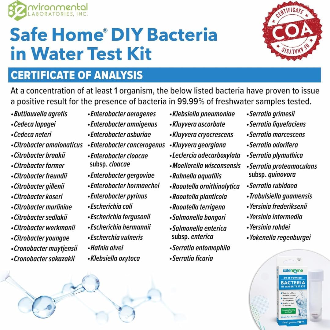 Safe Home® DIY Bacteria in Water Test Kit – Results as Fast as 6 Hours – Detects 50 Different Species of Coliform Bacteria – EPA Lab Certified – Made in the USA – (4 Pack)