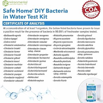 Safe Home DIY Bacteria in Water Test Kit Results as Fast as 6 Hours Detects 50 Different Species of Coliform Bacteria EPA Lab Certified Made in the USA (1 Pack)